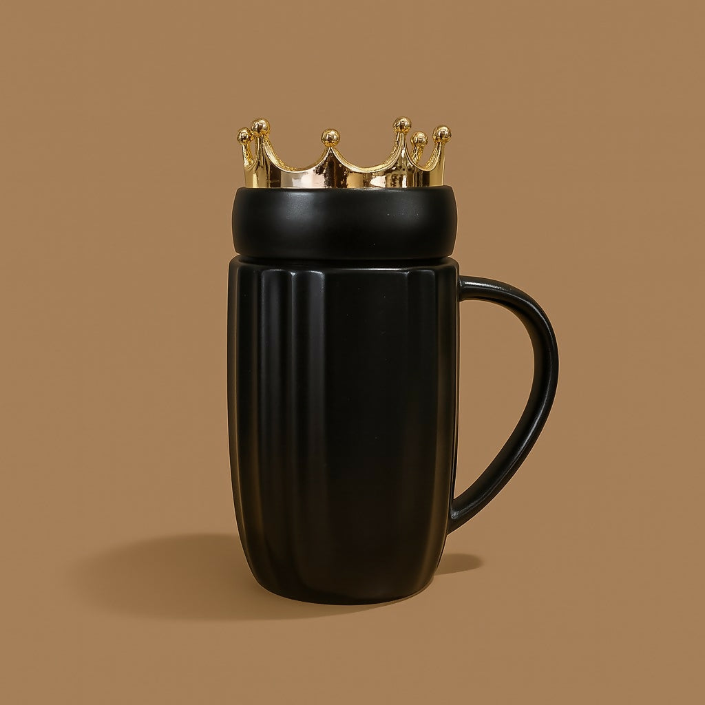 King Crown Black Ceramic Coffee Mug with Golden Stripes and Royal Lid