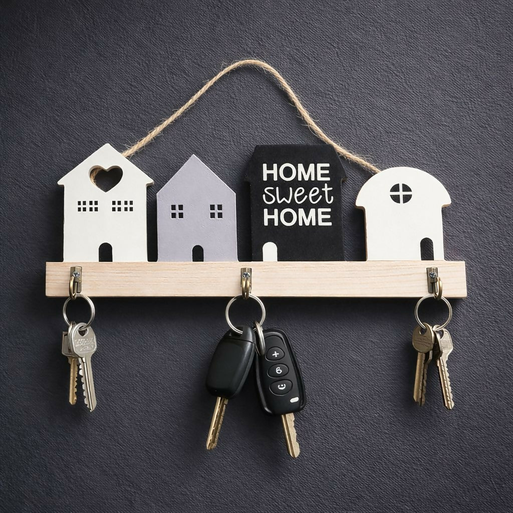 Wooden House Design Key Holder Wall Mount with 3 Hooks