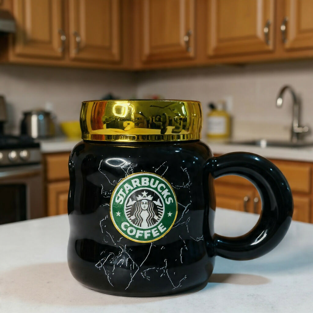 Ceramic Coffee Mug with Lid & Marble Design, Stylish Tea Cup (Color may vary)