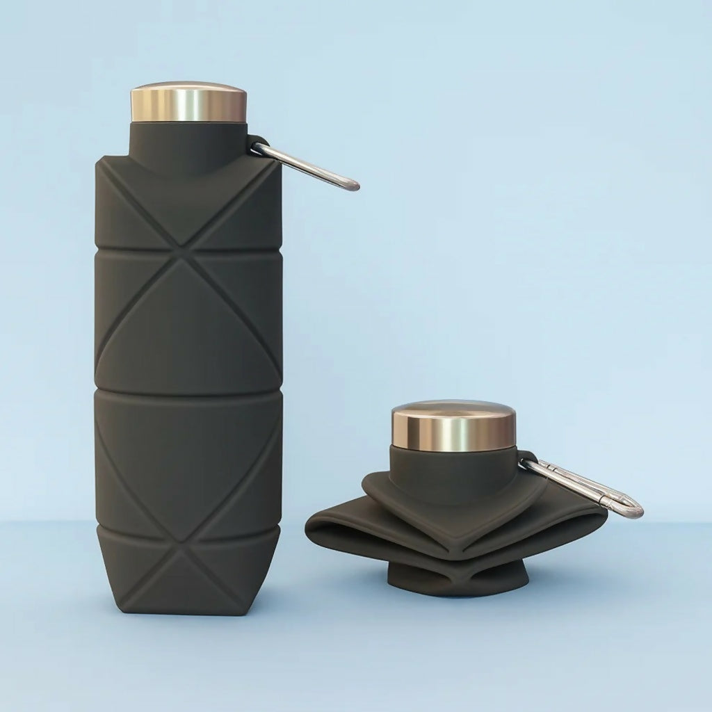 Black Collapsible Silicone Water Bottle 600ml Leakproof Travel