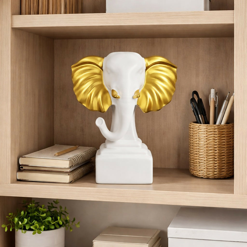 White Gold Elephant Showpiece Decorative Home Statue