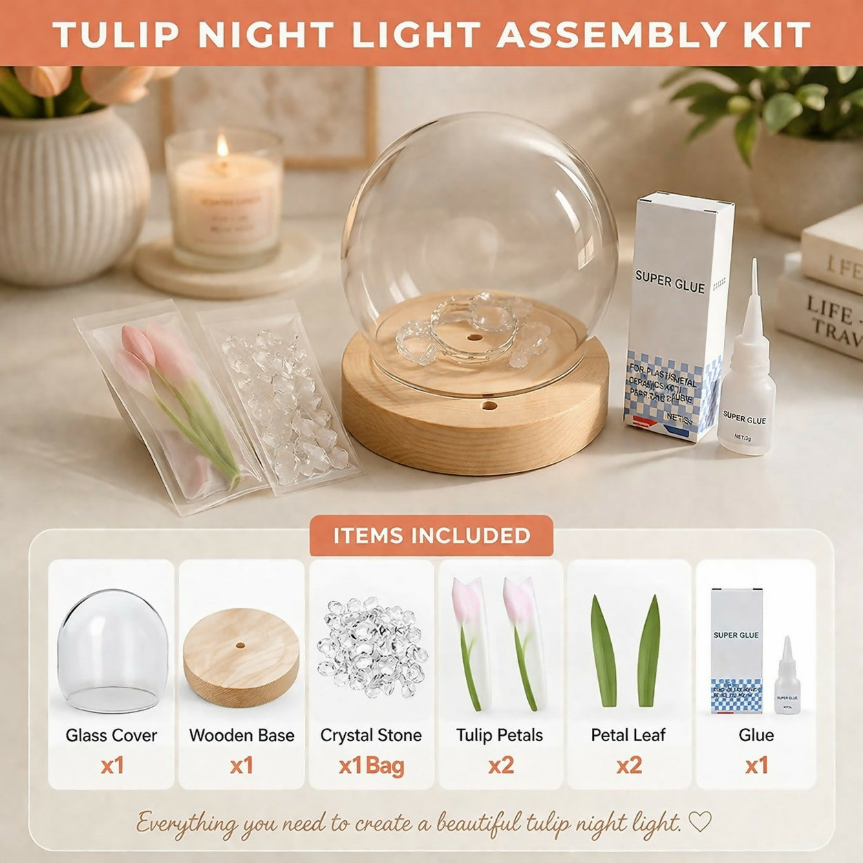 DIY Tulip Night Light Kit LED Glass Dome Decorative Table Lamp