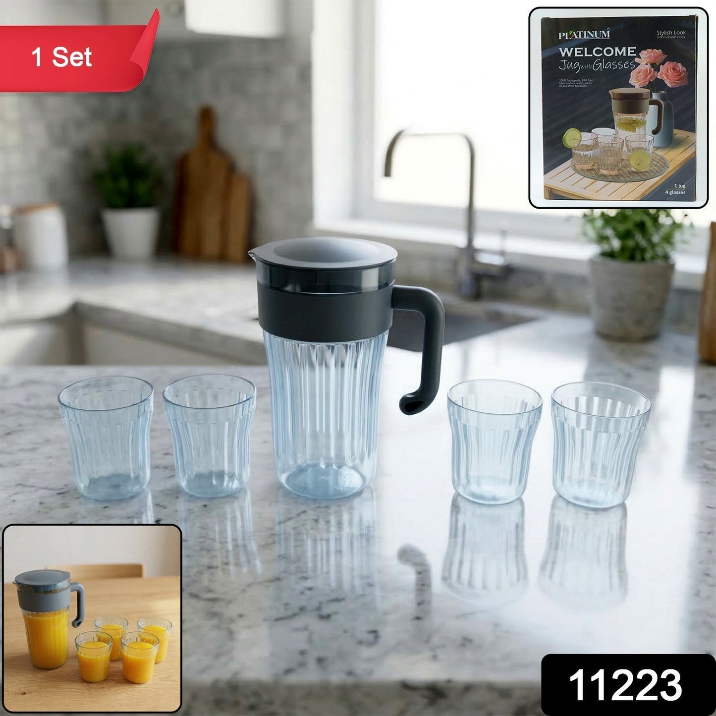 Multipurpose Plastic Water Juice Serving Jug with 4 Drinking Glasses Set (1 Set)