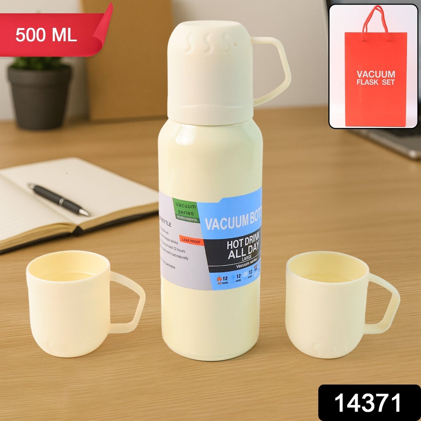 White Vacuum Flask Set – Stainless Steel Thermos with 3 Cups, Approx 500ml