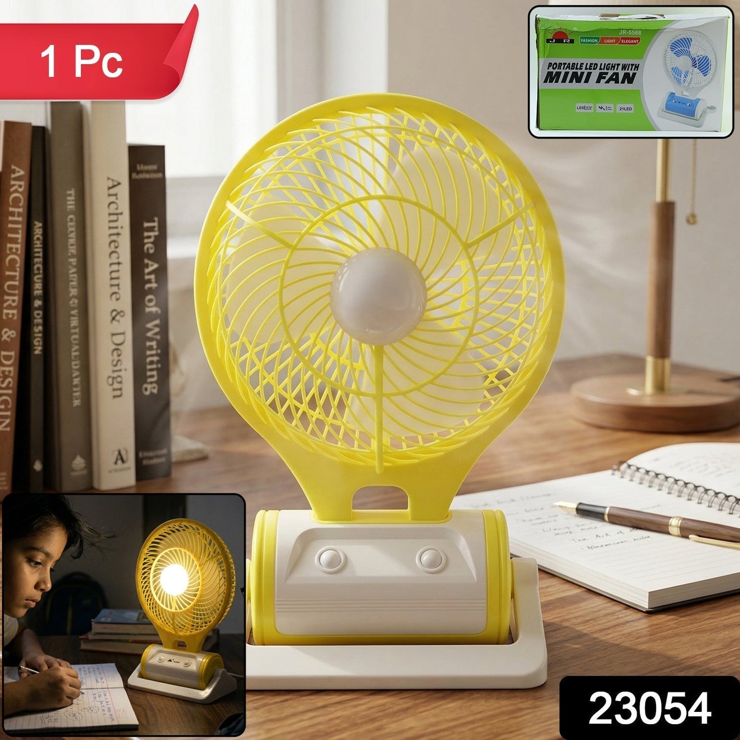 Portable Rechargeable LED Light with Mini Table Fan (1 Pc)