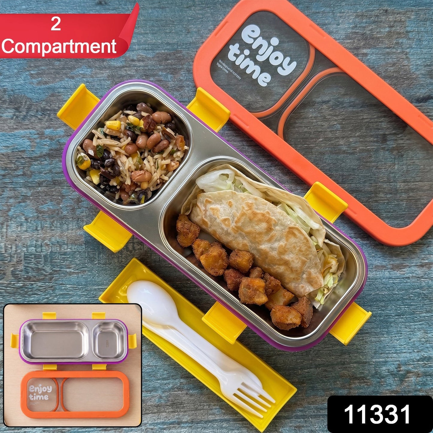 Stainless Steel Leak-Proof Lunch Box with 2 Compartments With Spoon & fork