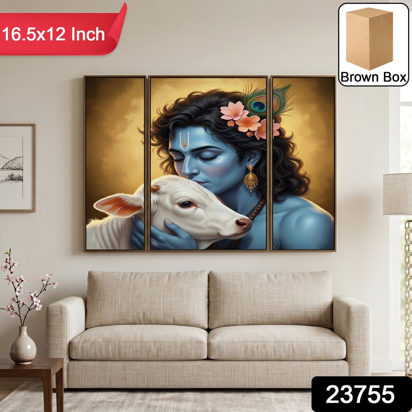 Krishna N Cow 3 Panel MDF Wall Frame Wall Art Painting 16.5x12in (1 Pc)