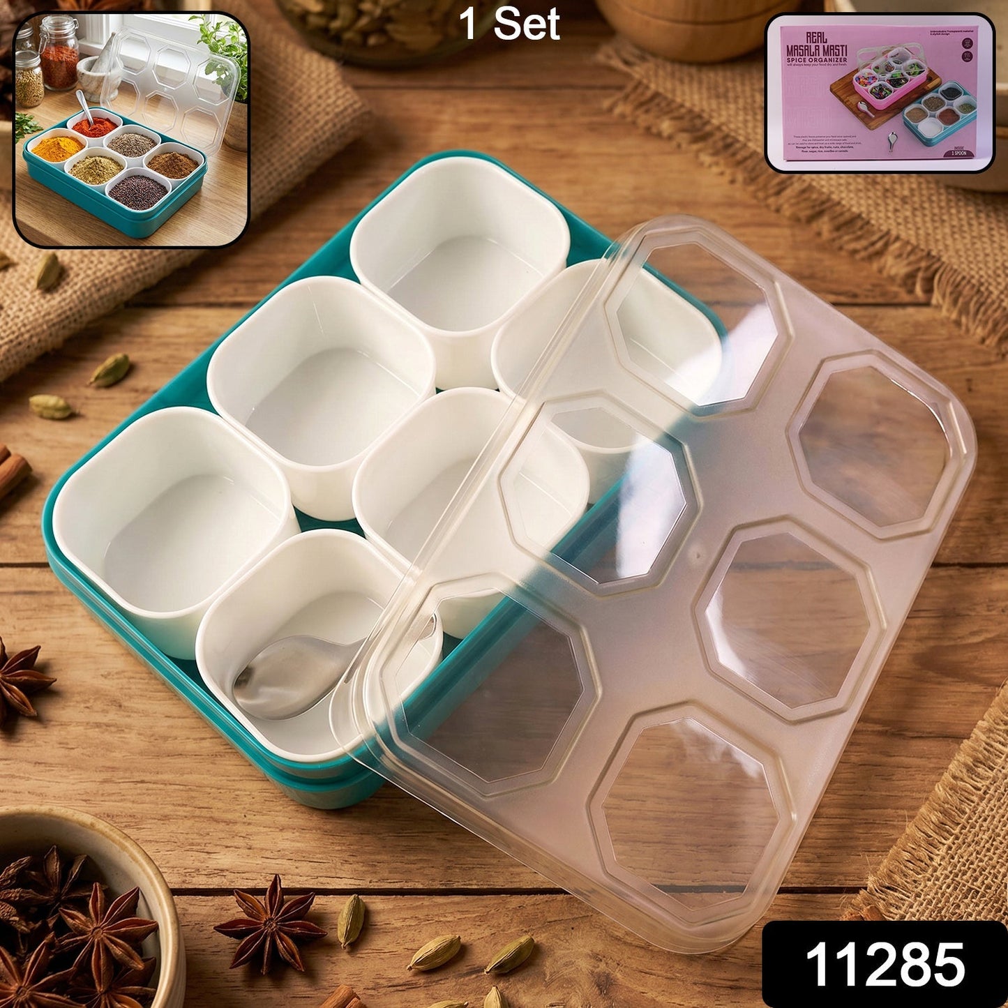 Plastic Real Masala Masti Box with 6 Compartments for Spice Storage