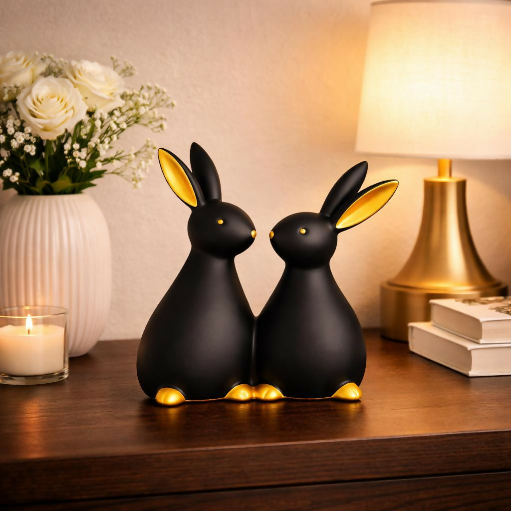 Rabbit Couple Showpiece for Home Decor with Gold Accents
