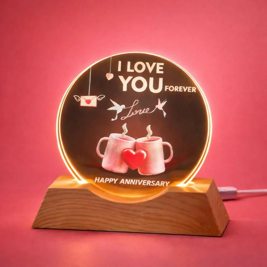 Anniversary Love LED Lamp Wooden Base Romantic Night Light