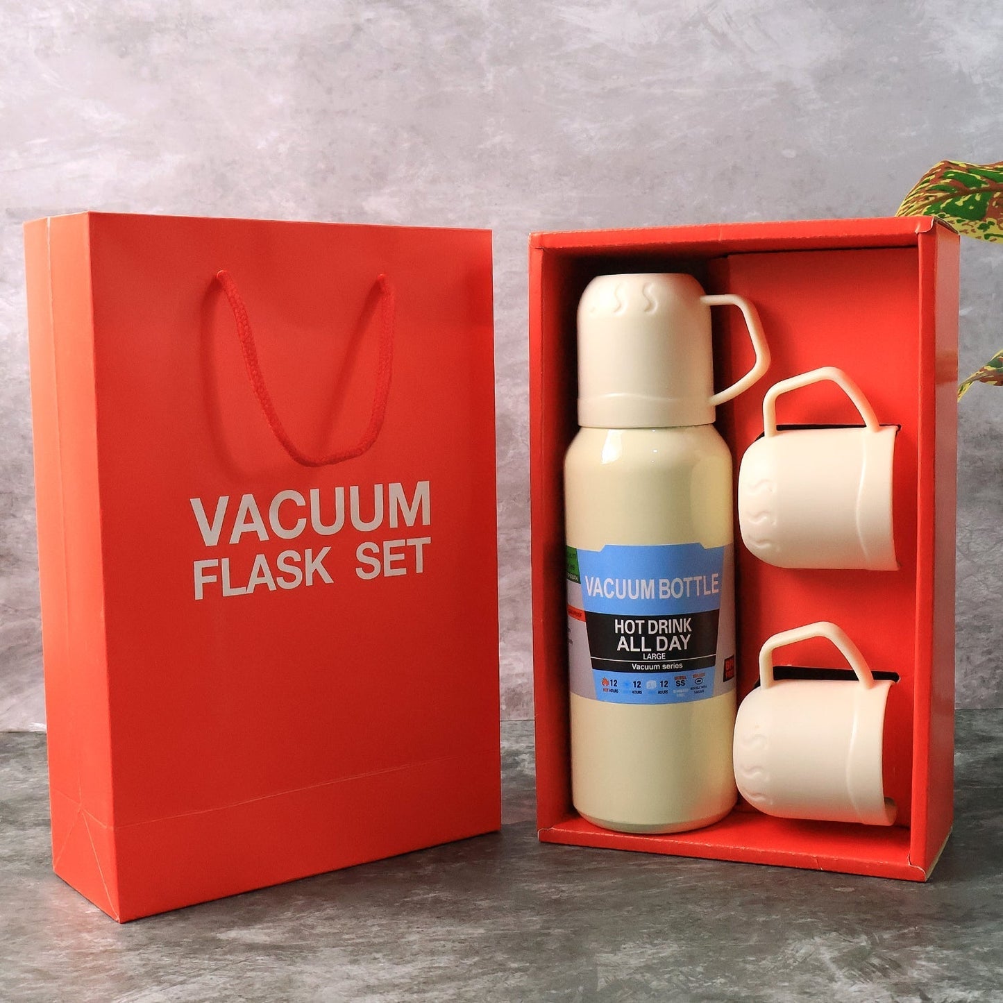 White Vacuum Flask Set – Stainless Steel Thermos with 3 Cups, Approx 500ml