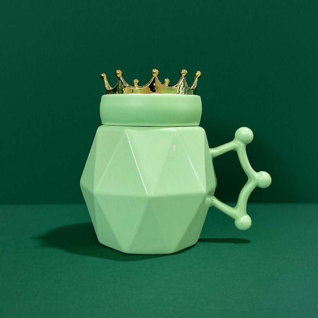King Crown Ceramic Mug with Golden Lid – Green Diamond-Cut Coffee Mug for Men | Royal Handle & Gift Mug for Husband, Boyfriend, Brother & Boss | Stylish Ceramic Tea Cup with Crown Design