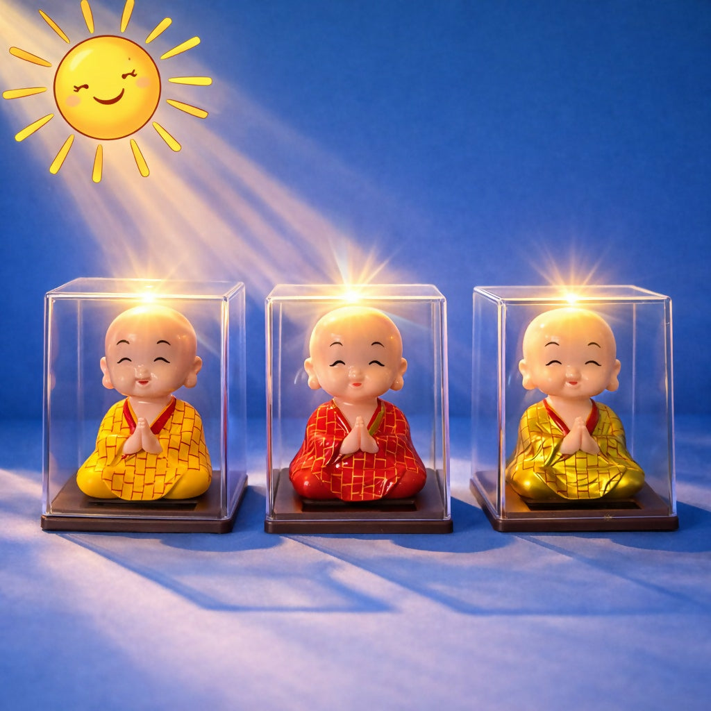 Solar Powered Monk Bobble Head with Moving Head Display Case (Color may vary)