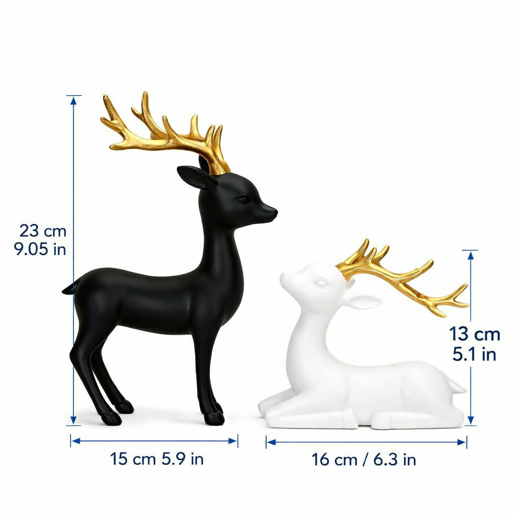 Black and White Deer Showpiece Set with Golden Antlers for Home Decor