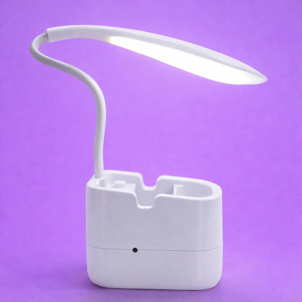 White LED Desk Lamp with Mobile Stand & Pen Holder, USB Charging Light