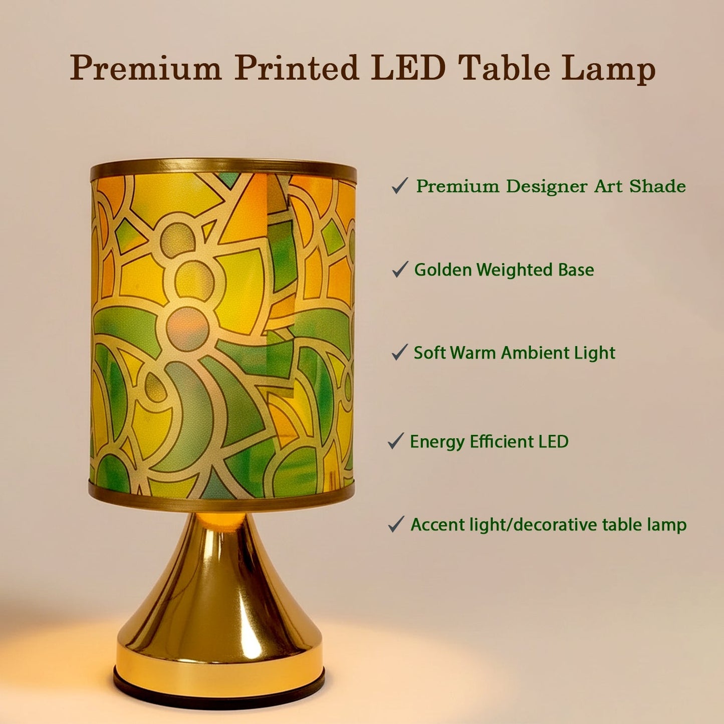 Premium Designer Printed LED Table Lamp for Home Décor | Artistic Pattern Fabric Shade with Golden Base | Soft Ambient Night Lamp for Bedroom, Living Room, Study & Gifting | Energy Efficient Warm Light