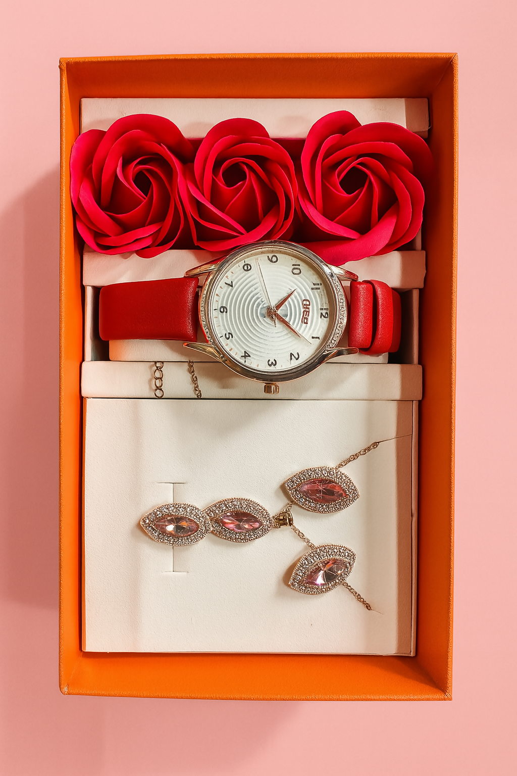 Luxury Red Watch & Rose Gold Jewelry Gift Set for Women – Elegant Analog Watch with Red Strap, Pink Stone Earrings & Pendant, Artificial Roses in Premium Gift Box | Birthday, Anniversary & Festive Combo