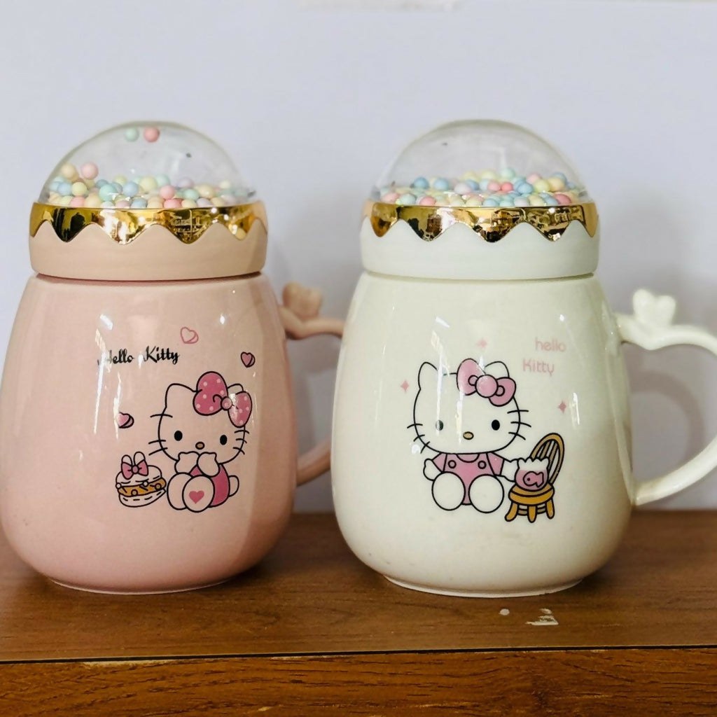 Cute Printed Ceramic Mug with Dome Lid, Coffee Tea Cup ( Color may vary )