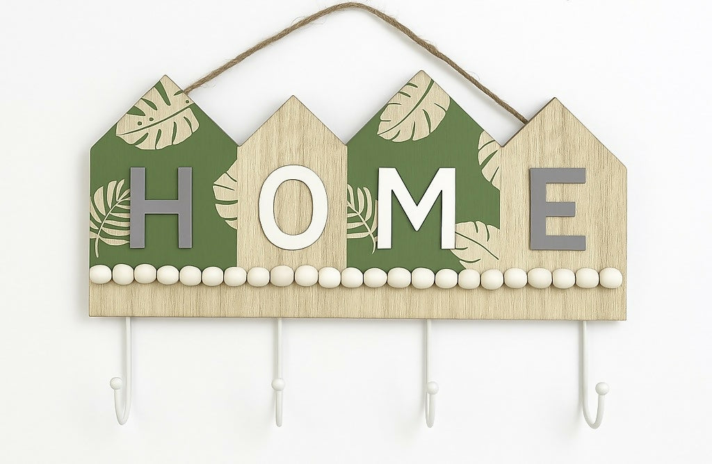 Wooden HOME Key Holder with 4 Hooks – Rustic Entryway Decor