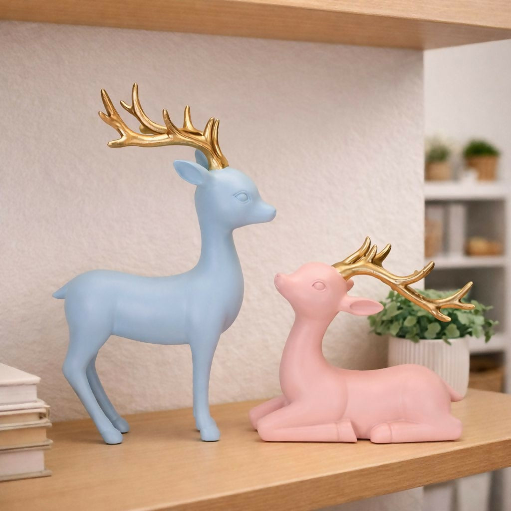 Pastel Deer Showpiece Set with Golden Antlers for Home Decor