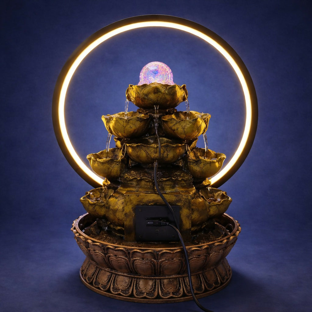 Buddha Water Fountain with LED Ring Light Decorative Tabletop