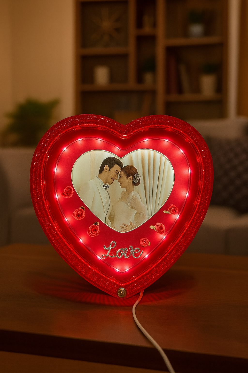 Heart-Shaped LED Love Photo Frame | Romantic Red Glowing Picture Frame with Roses & “Love†Design | 4x6 Inch Couple Photo Frame | Perfect Gift for Wedding, Anniversary, Valentine’s Day & Home Décor