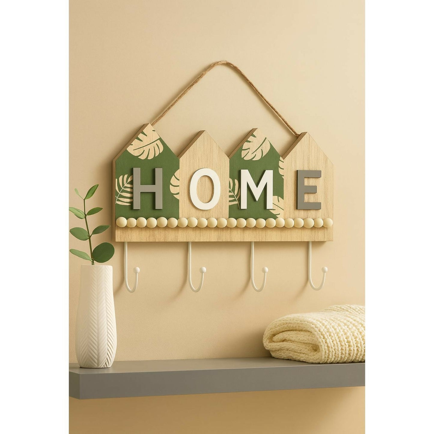 Rustic Wooden Wall Key Holder with “HOME†Letter Design – Decorative Wall Hanging with 4 Sturdy Hooks and Rope Hanger – Ideal for Entryway, Living Room, Kitchen, Bedroom, Office, and Housewarming Gifting