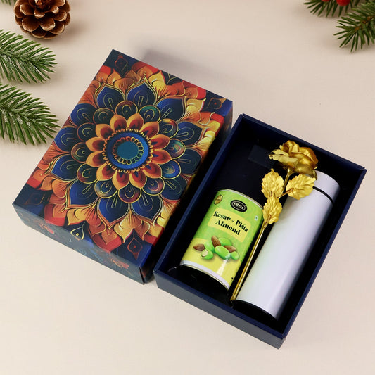 Effete Kesar Pista Almonds Gift Hamper, Golden Rose With Bottle (3 Pc Set)