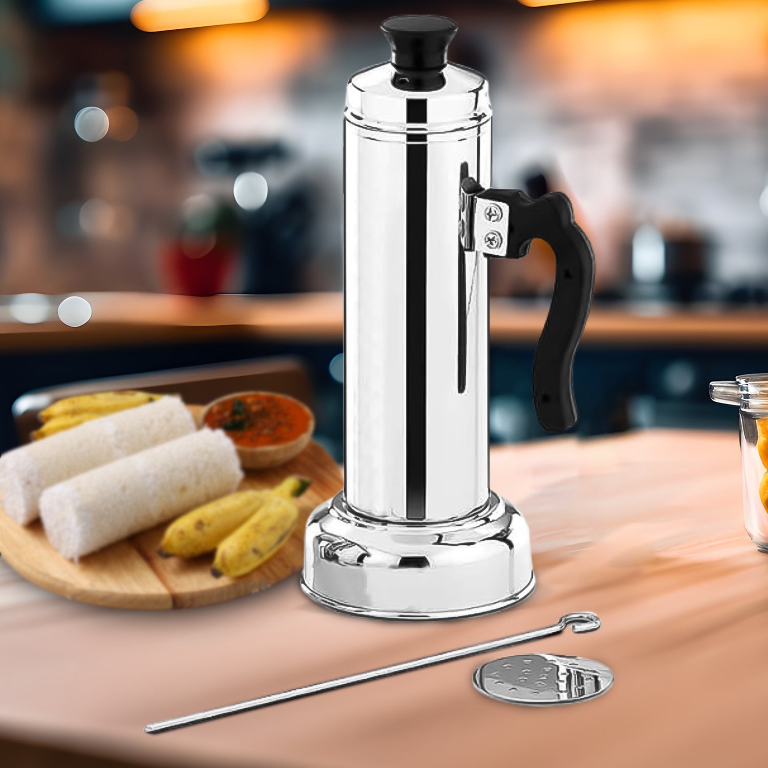 Puttu Maker Set with Steamer Plate & Pressure Cooker Top, Stainless Steel