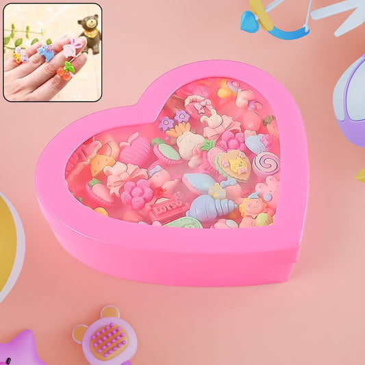 Adorable Playful Decorative Rings For Children In Heart Shaped Storage Box (35 Pcs Aprpox