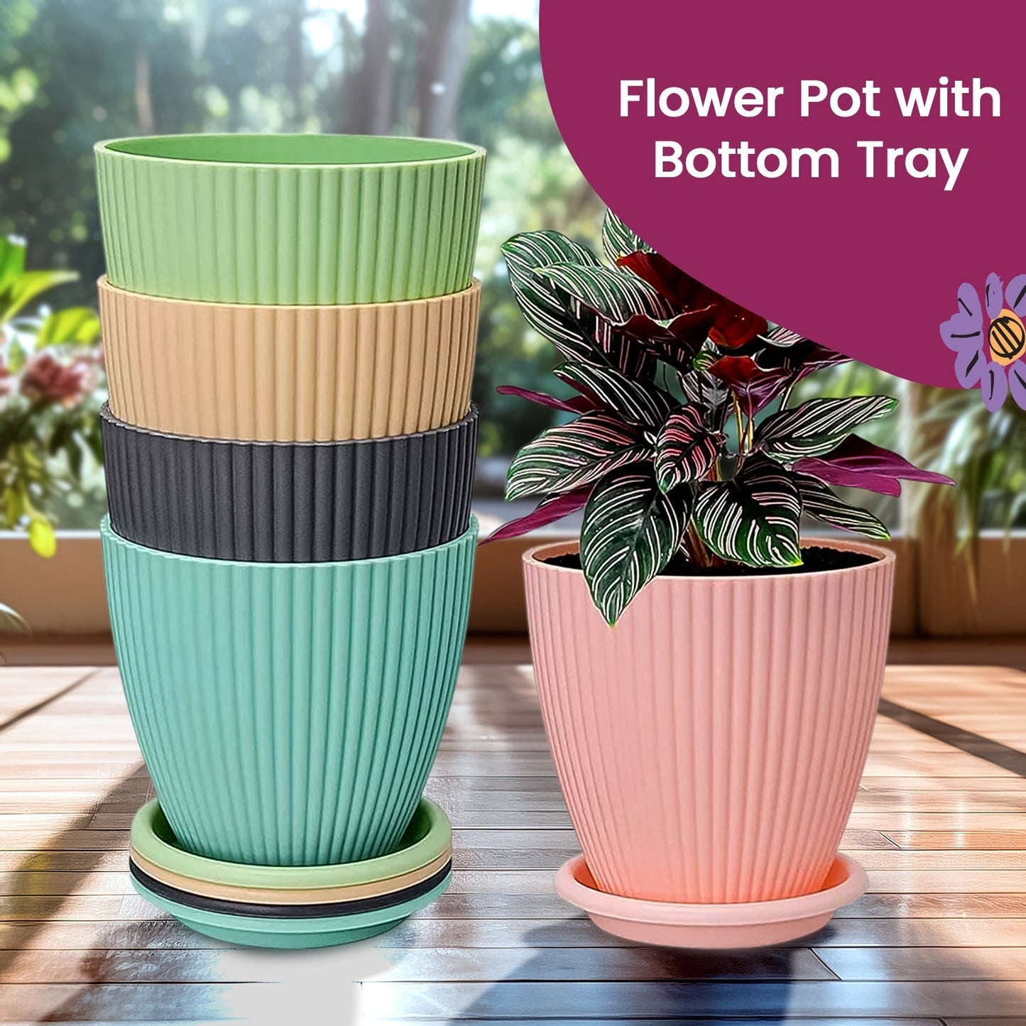 Plastic Flower Pot with Bottom Tray (5 Pcs Set)