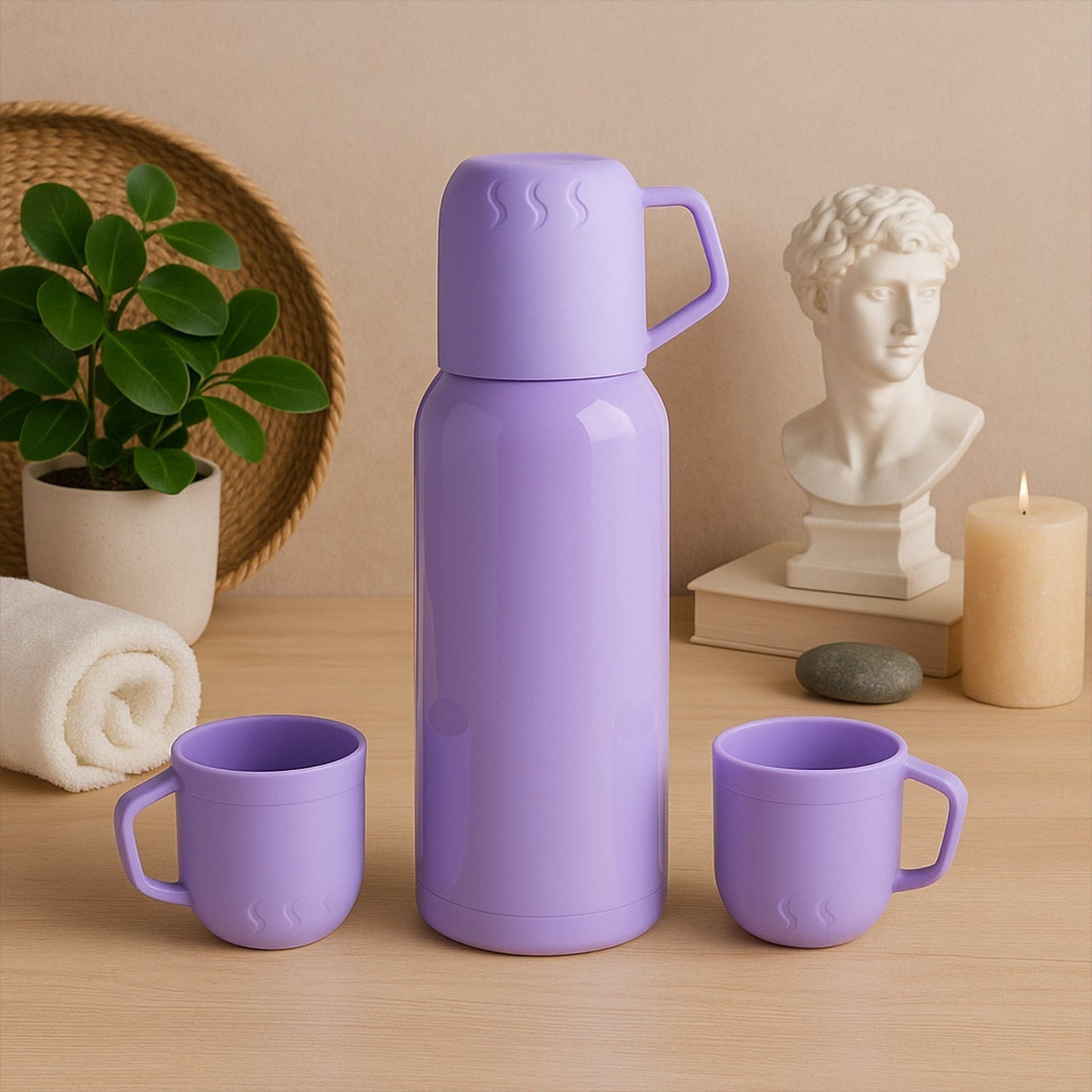 Purple Vacuum Flask Set â€“ Stainless Steel Thermos with 3 Cups, Approx 500ml