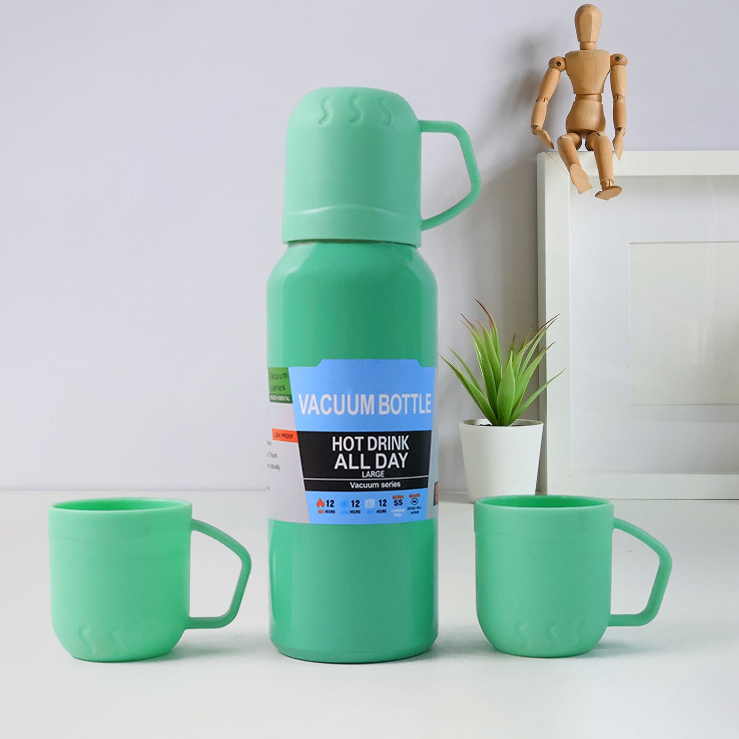Green Vacuum Flask Set â€“ Stainless Steel Thermos with 3 Cups, Approx 500ml