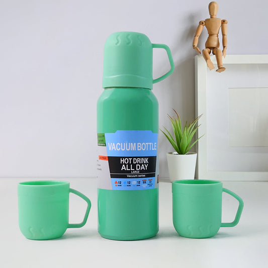 Green Vacuum Flask Set â€“ Stainless Steel Thermos with 3 Cups, Approx 500ml