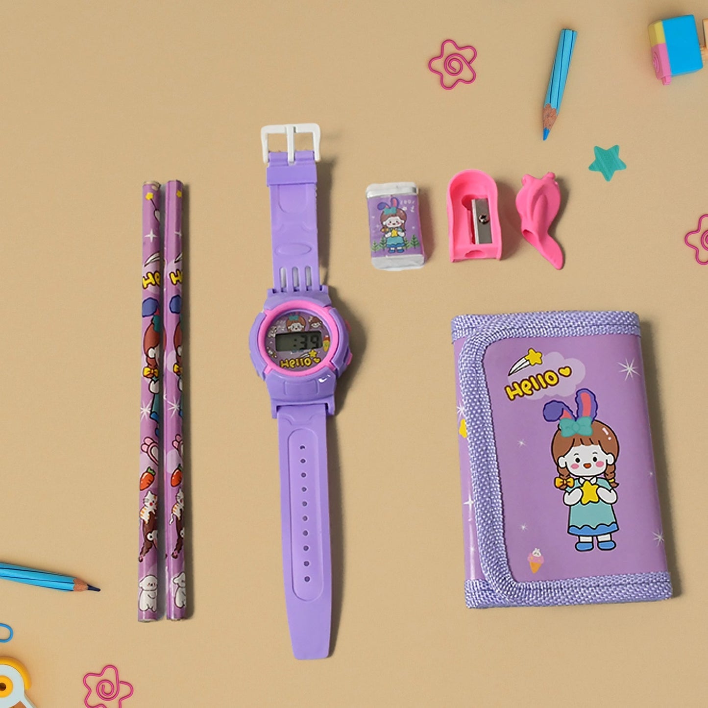 Stationery Set for Kids – 7-in-1 School Kit with Pencils, Eraser, Sharpener, Pouch & More (Pack of 7 Pcs)