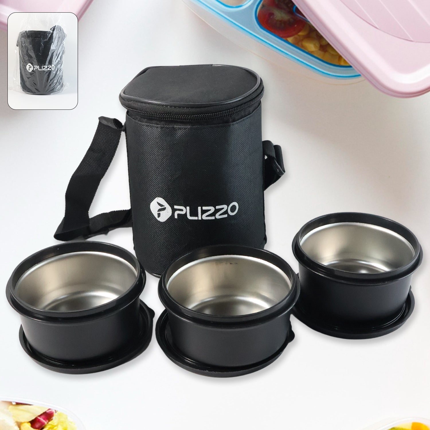 Insulated Stainless Steel Tiffin Lunch Box Set with Carry Bag (1 Set)