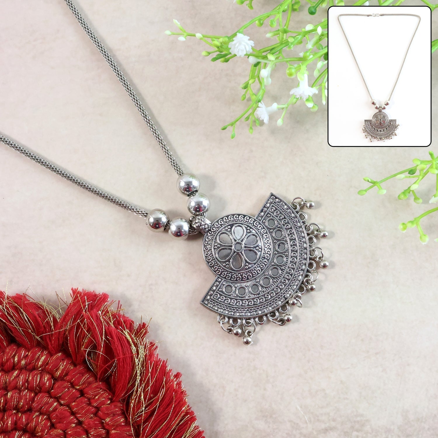 Oxidised Silver-Tone Traditional Long Necklace (1 Pc)