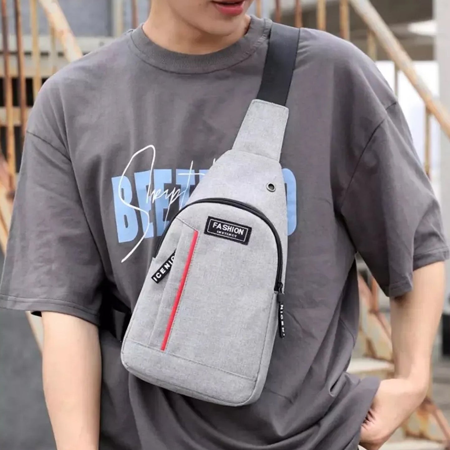 Waterproof Anti-Theft Crossbody Fanny Pack with USB Charging & Earphone Hook (Grey/Blue)
