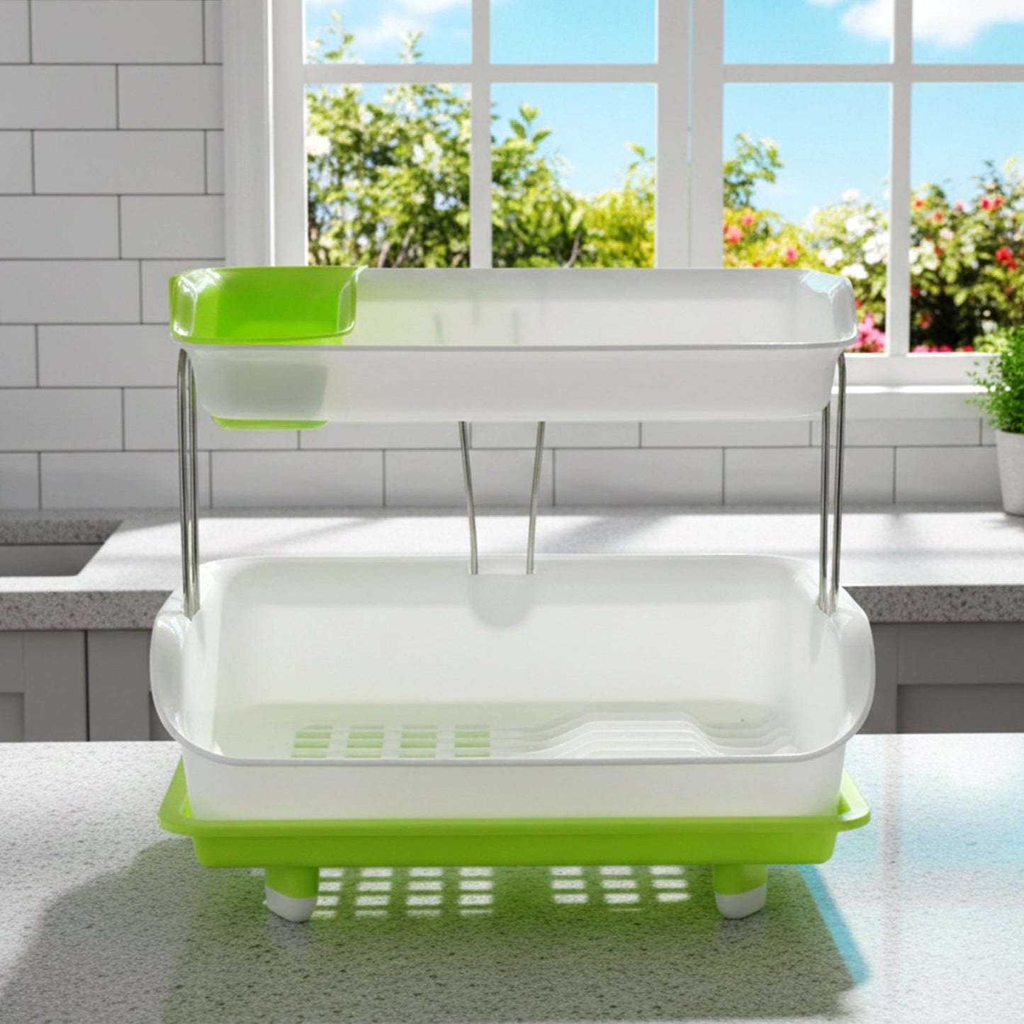Prexo 2 Layer Kitchen Dish Drying Rack with Drain Tray (1 Set)