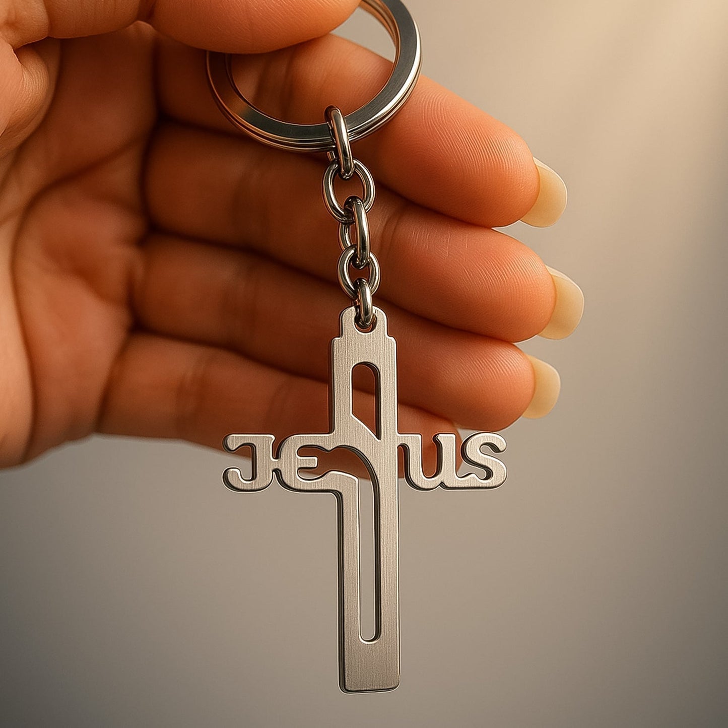 Elegant Metal Cross Keychain with Gujarati "Jesus" Script â€“ Religious Faith Key Ring