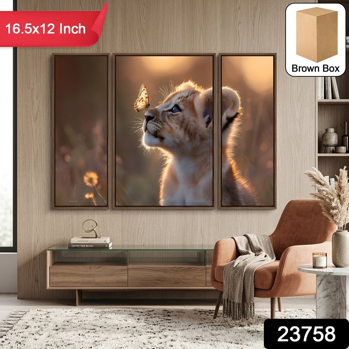 Lion Cub 3 Panel MDF Wall Frame Wall Art Painting 16.5x12in (1 Pc)