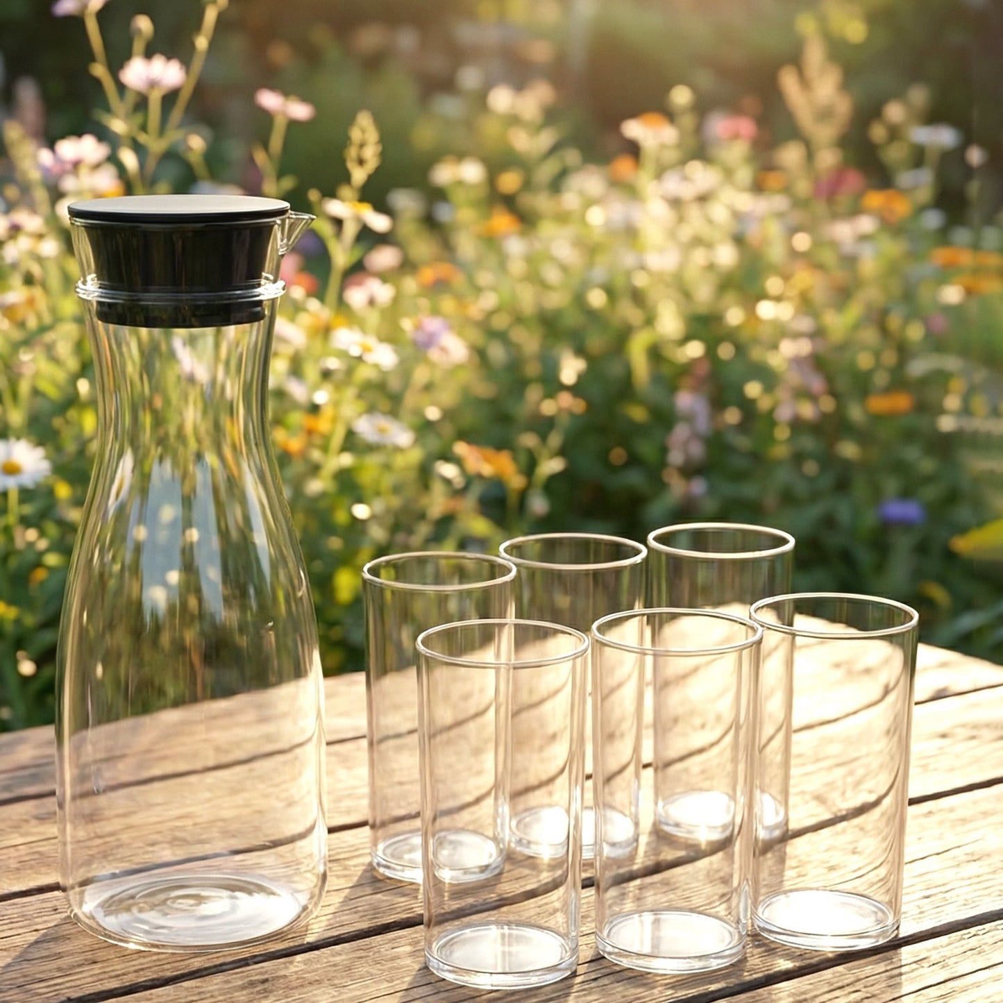 Prexo Plastic Water Jug and Drinking Glass Set (1 Jug 1000ML, 6 Glasses 300ML)