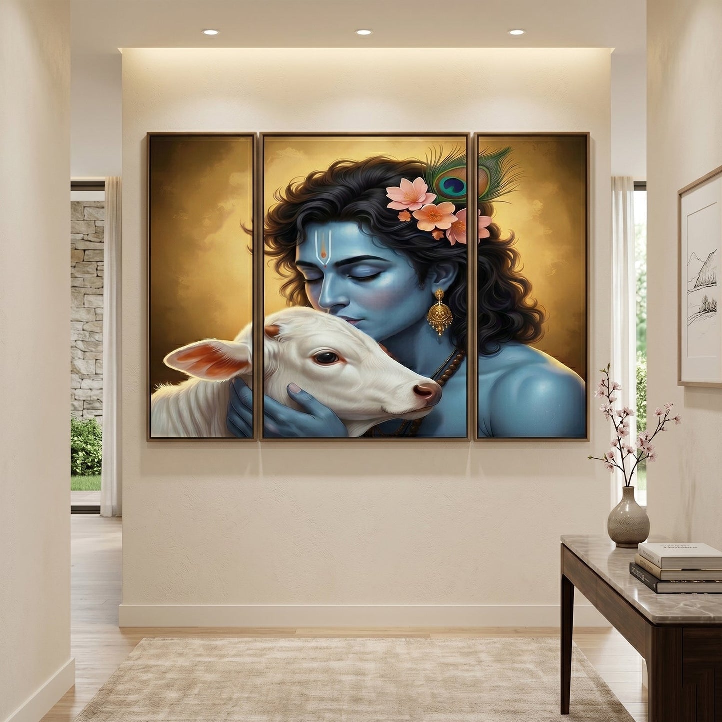 Krishna N Cow 3 Panel MDF Wall Frame Wall Art Painting 16.5x12in (1 Pc)