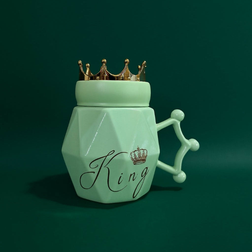 King Crown Ceramic Mug with Golden Lid â€“ Green Diamond-Cut Coffee Mug for Men | Royal Handle & Gift Mug for Husband, Boyfriend, Brother & Boss | Stylish Ceramic Tea Cup with Crown Design