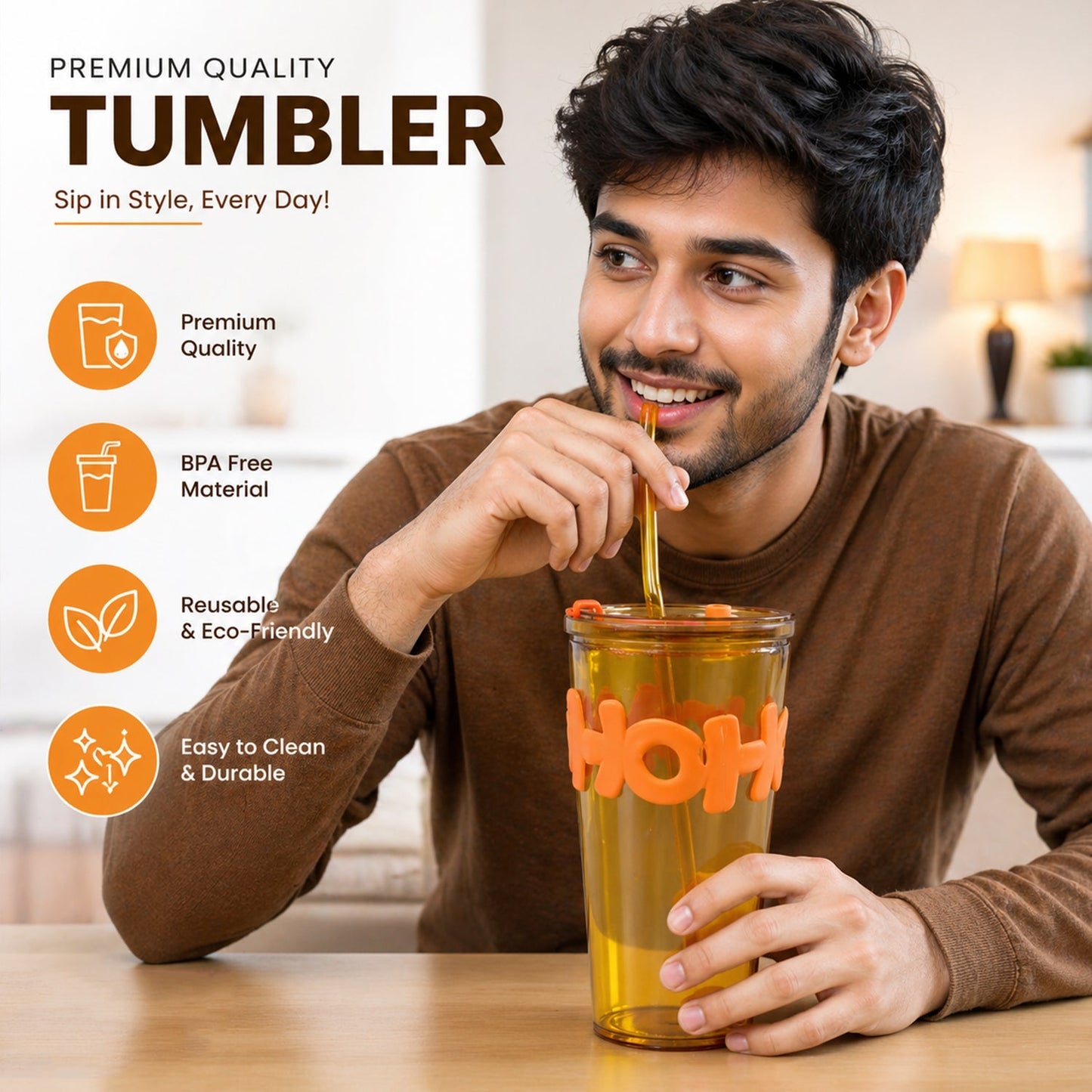 Transparent Glass Tumbler with Lid and Straw (450 ML)