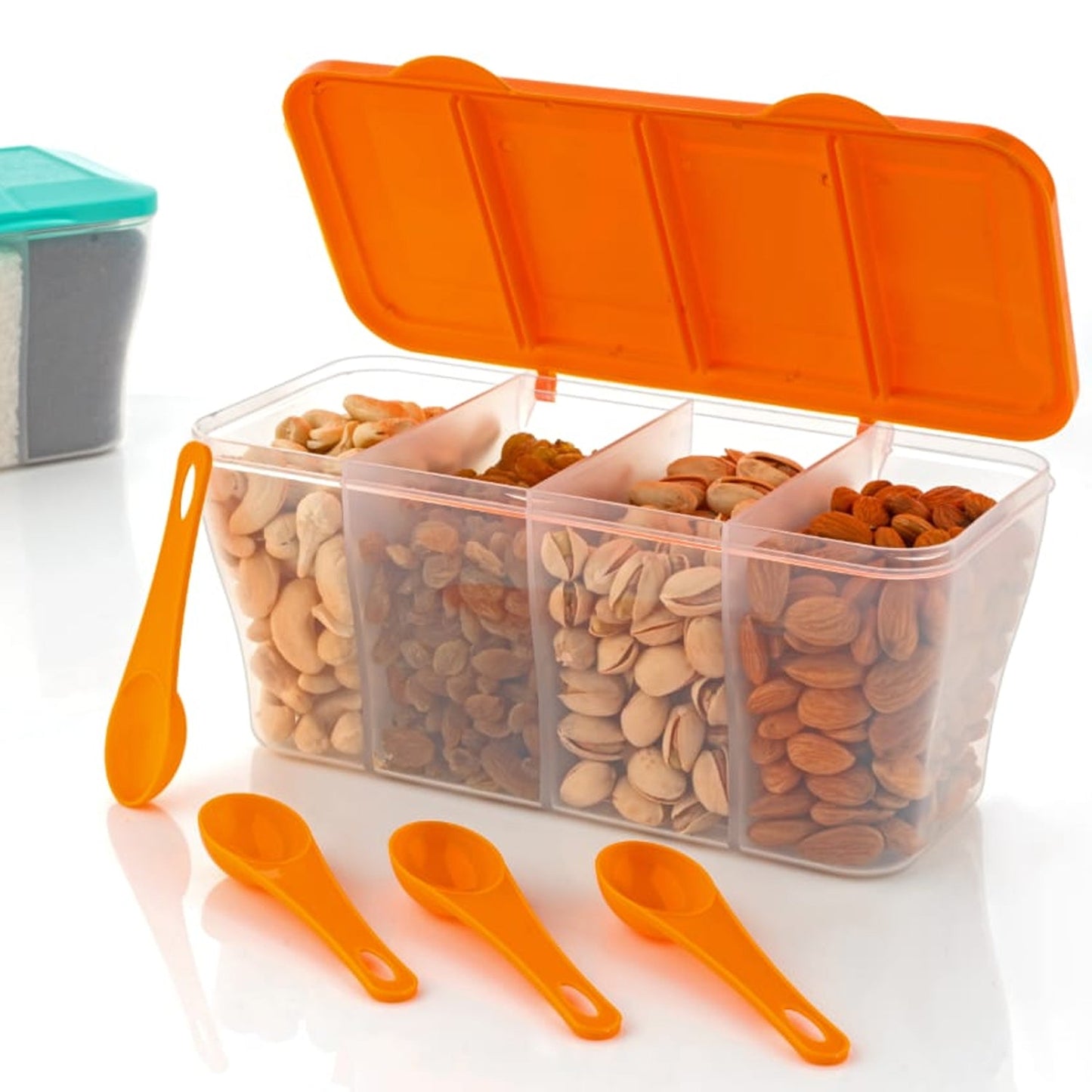 Kitchen Airtight 4-Section Storage Container / Pickle Jar with 4 Spoons (1 Pc / Mix Color)
