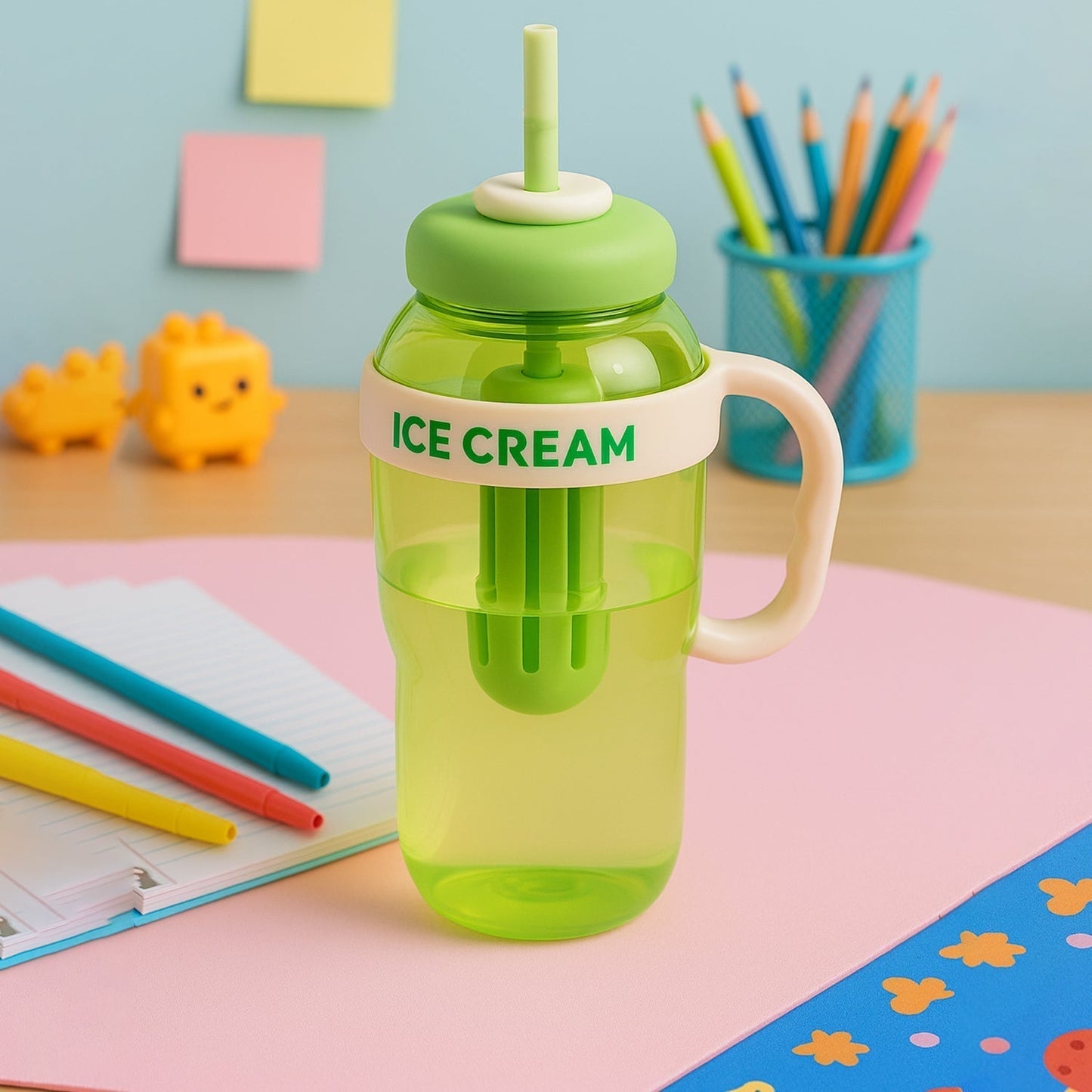 Approx 1300ML Large Capacity Cute Ice Cream Themed Water Bottle with Handle, Straw & Fruit Infuser â€“ Leakproof Sipper for Kids & Adults