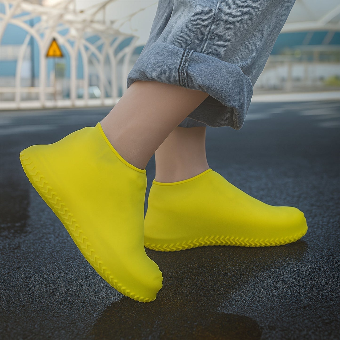Yellow Non-Slip Silicone Rain Reusable Anti skid Waterproof Fordable Boot Shoe Cover (1 Pair )