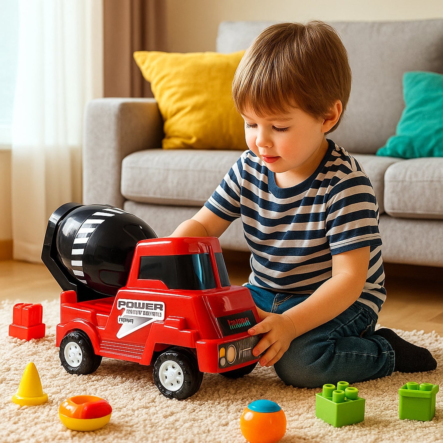 Kids Power Cement Mixer Toy Truck Friction Powered Construction Vehicle Rotating Drum Play Toy for Children 1 Pc
