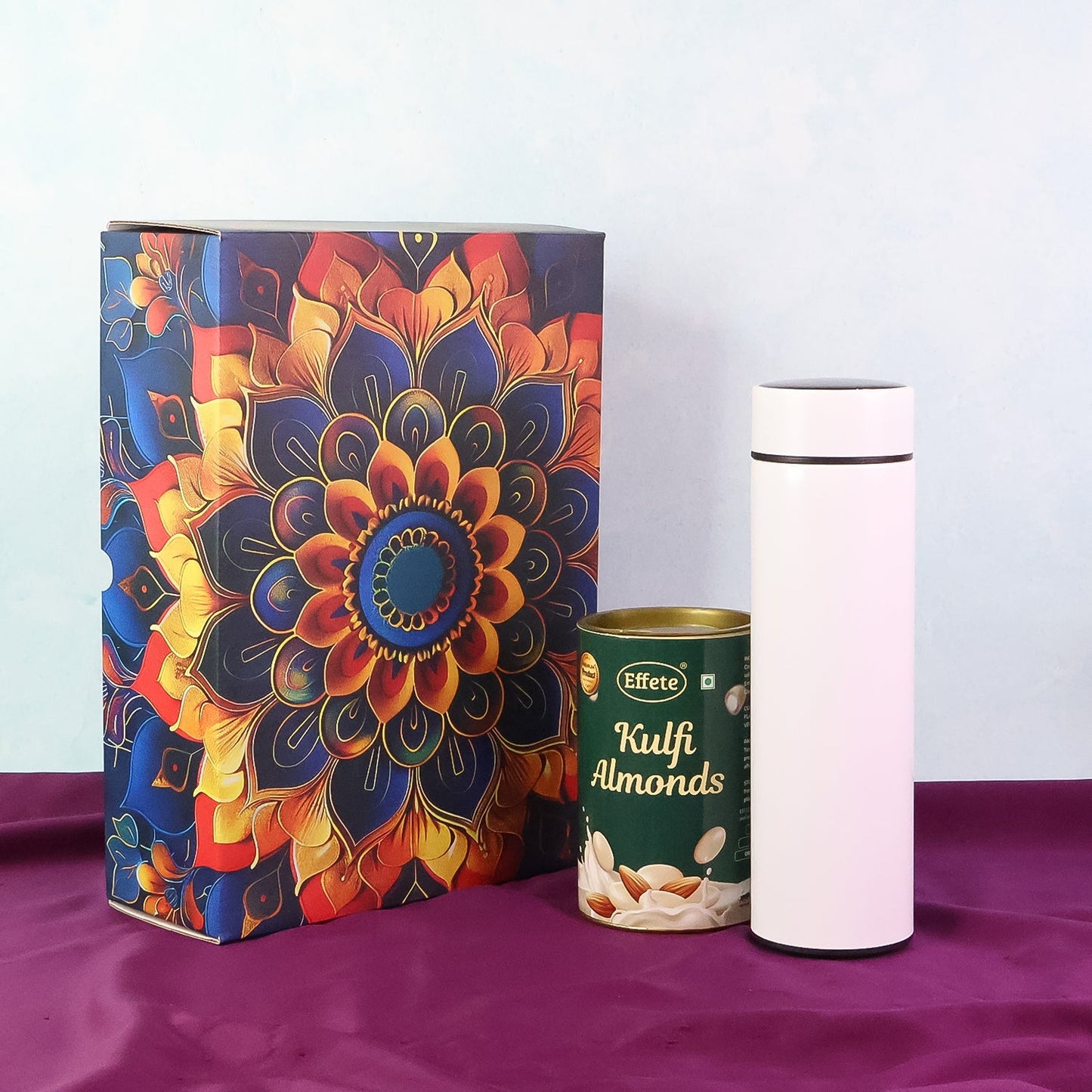 Effete Kulfi Almonds Gift Hamper, Golden With Bottle (2 Pc Set), Mix Color